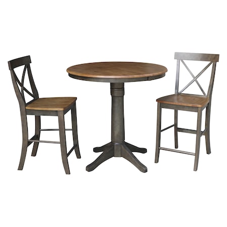 International Concepts Round 36 in Rd Extension Dining Table, 2 X-Back Counter Ht Stools, Hickory/Coal, 36 in W, 48 in L K45-36RXT-27-S6132-2